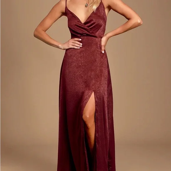 Burgundy Satin Maxi Dress | Womens | Small (Available in M, L) | 100% Polyester | Lulus